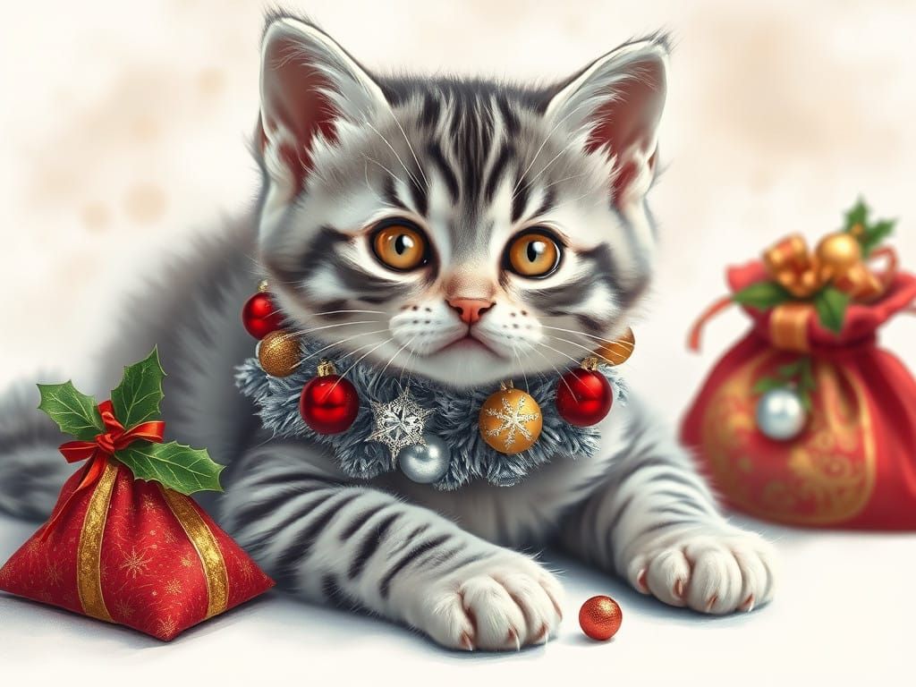 Whimsical Gray Kitten in Festive Oil Painting