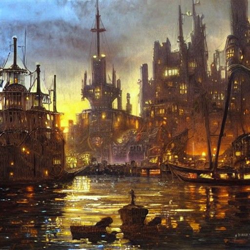 Grim Fantasy Port Town with Tower, Oil Painting