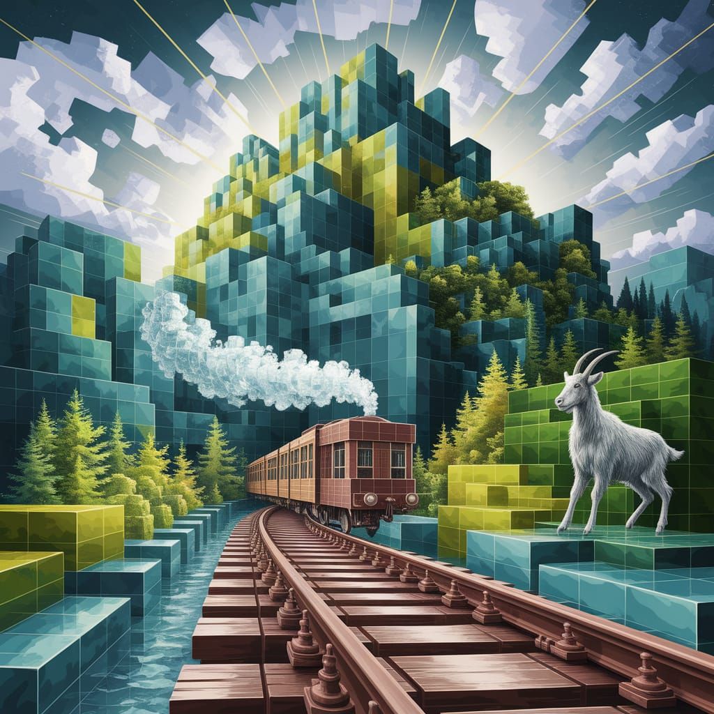 Cubist Mountain Train Ascends Square Peaks