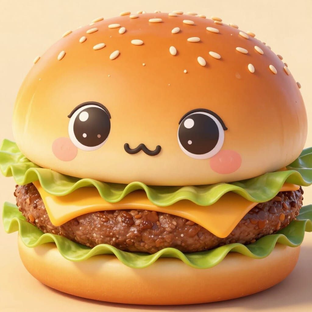 Kawaii Burger Character With Realistic Texture