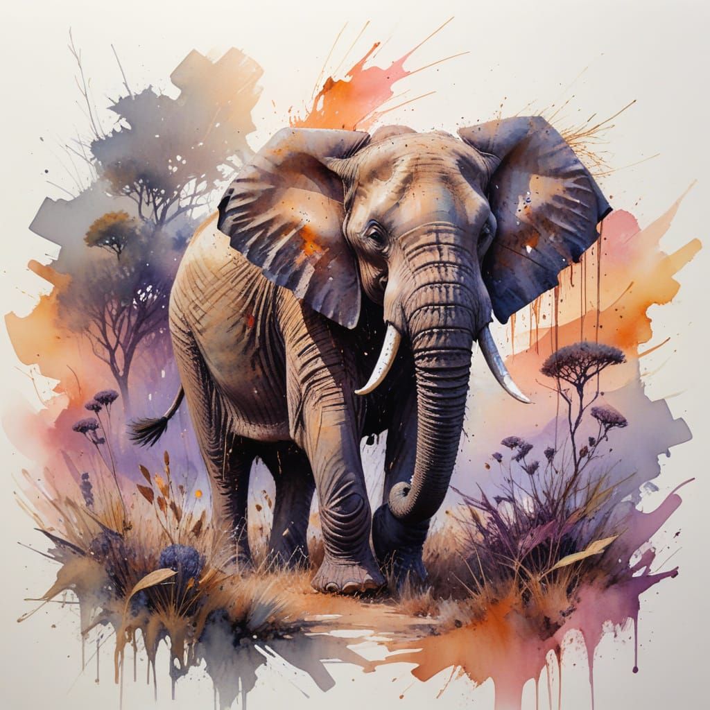 Ethereal Elephant in Sunset Savannah