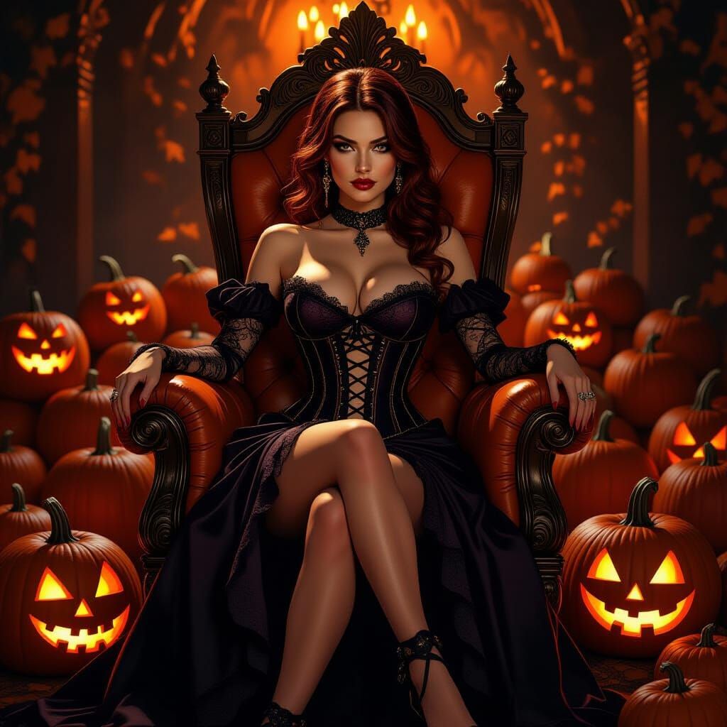 Gothic Queen on Pumpkin Throne in Baroque Style