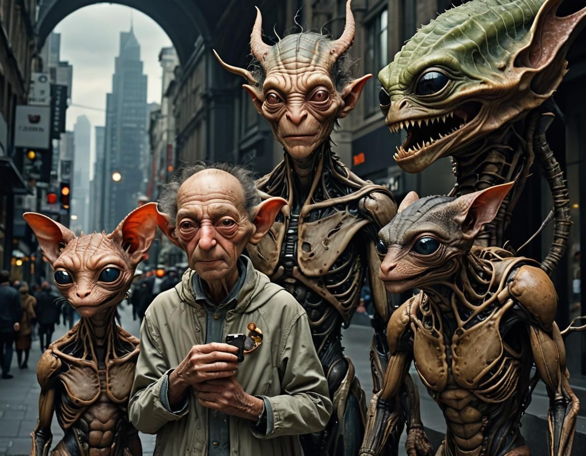 Smiling Aliens in Everyday Life: Hyperrealistic Portraits