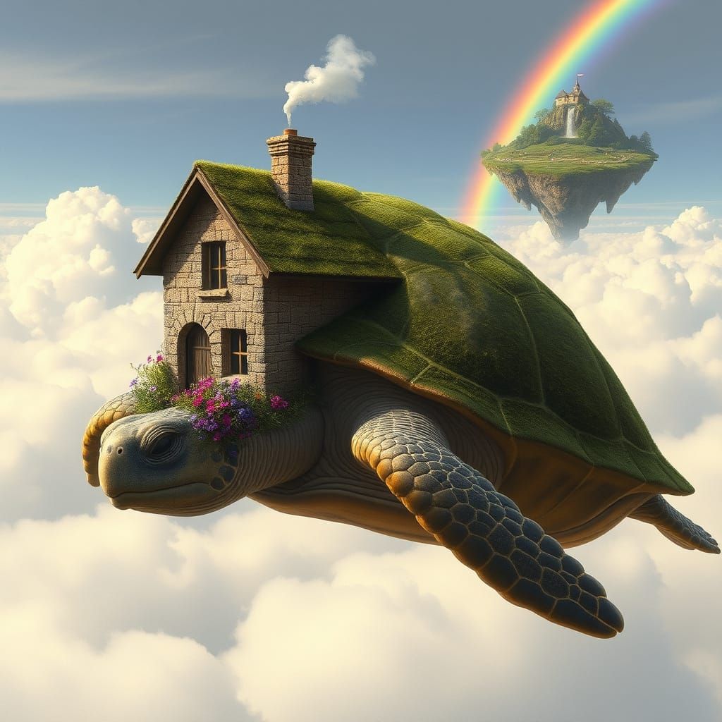 Whimsical Turtle Cottage in a Dreamlike Landscape
