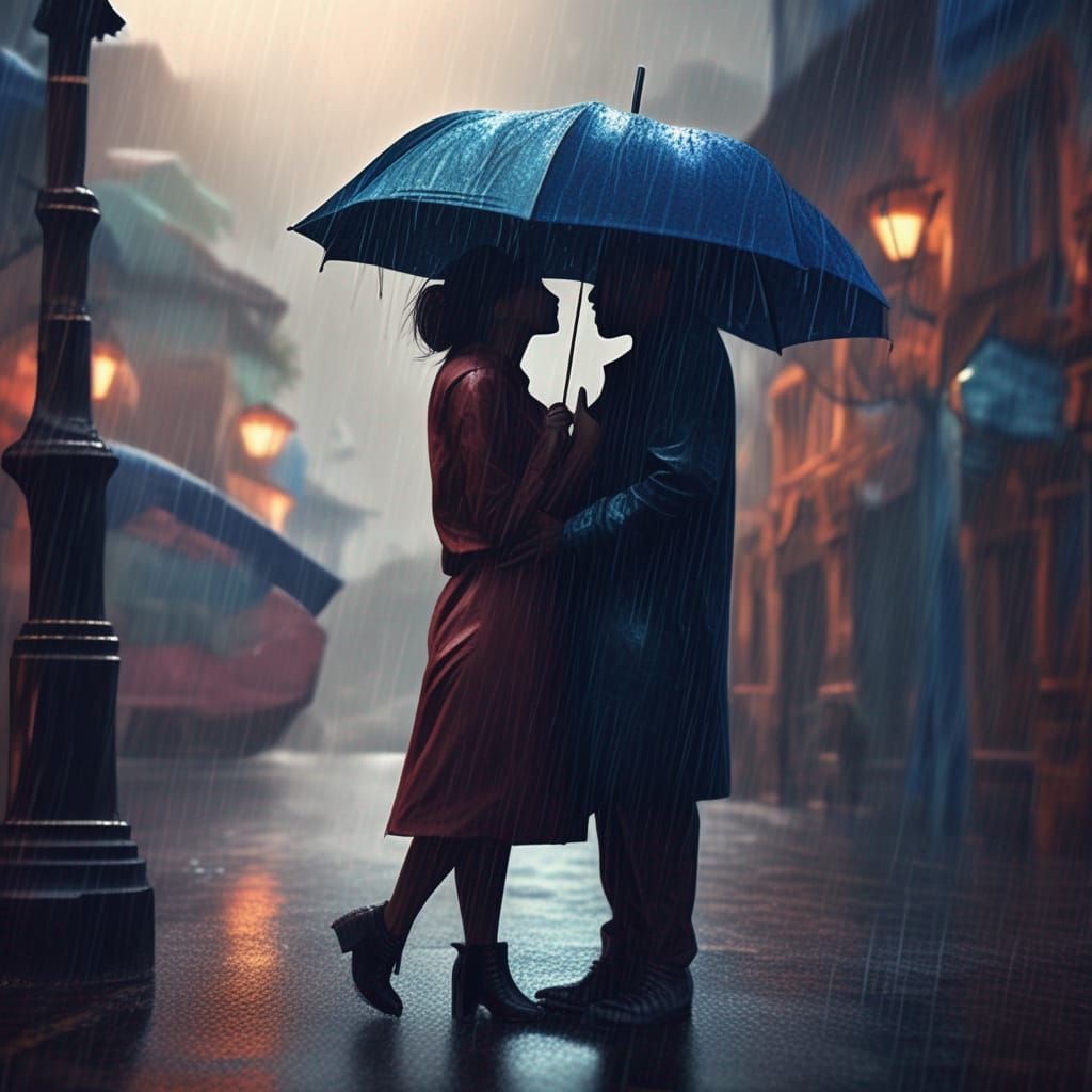 Couple Kissing in Rainy Fantasy Landscape