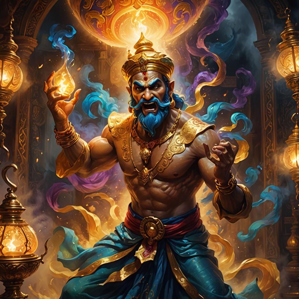 Angry Golden Genie Emerges: Vibrant Oil Painting