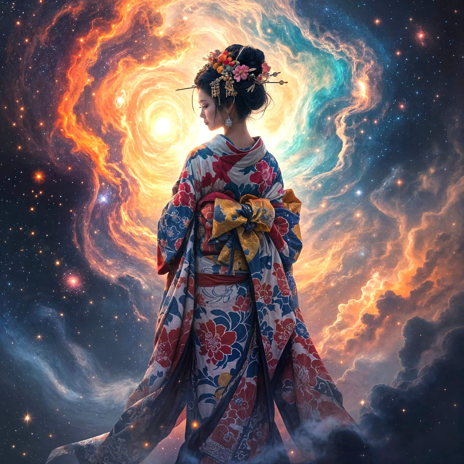 Geisha in Cosmic Nebula: Dark Fantasy Art