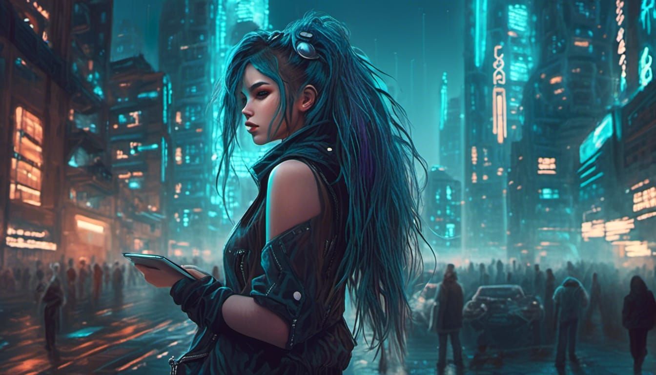 Cyberpunk Hacker Girl in Neon Cityscape