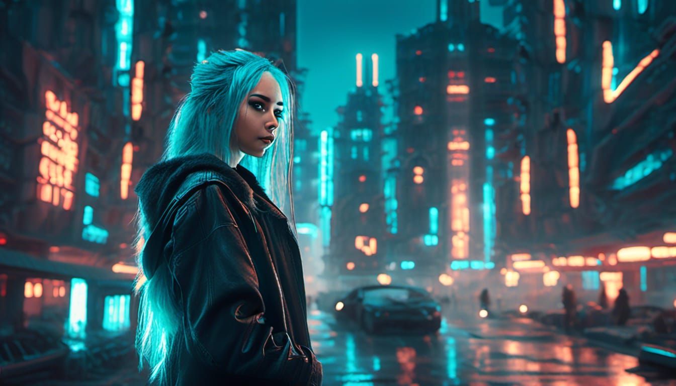 Cyberpunk Hacker Girl with Neon Cityscape