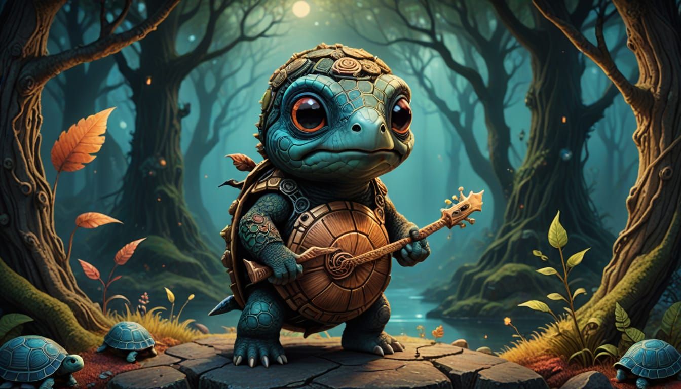Singing Turtle with Mohawk in Whimsical Fairytale Style