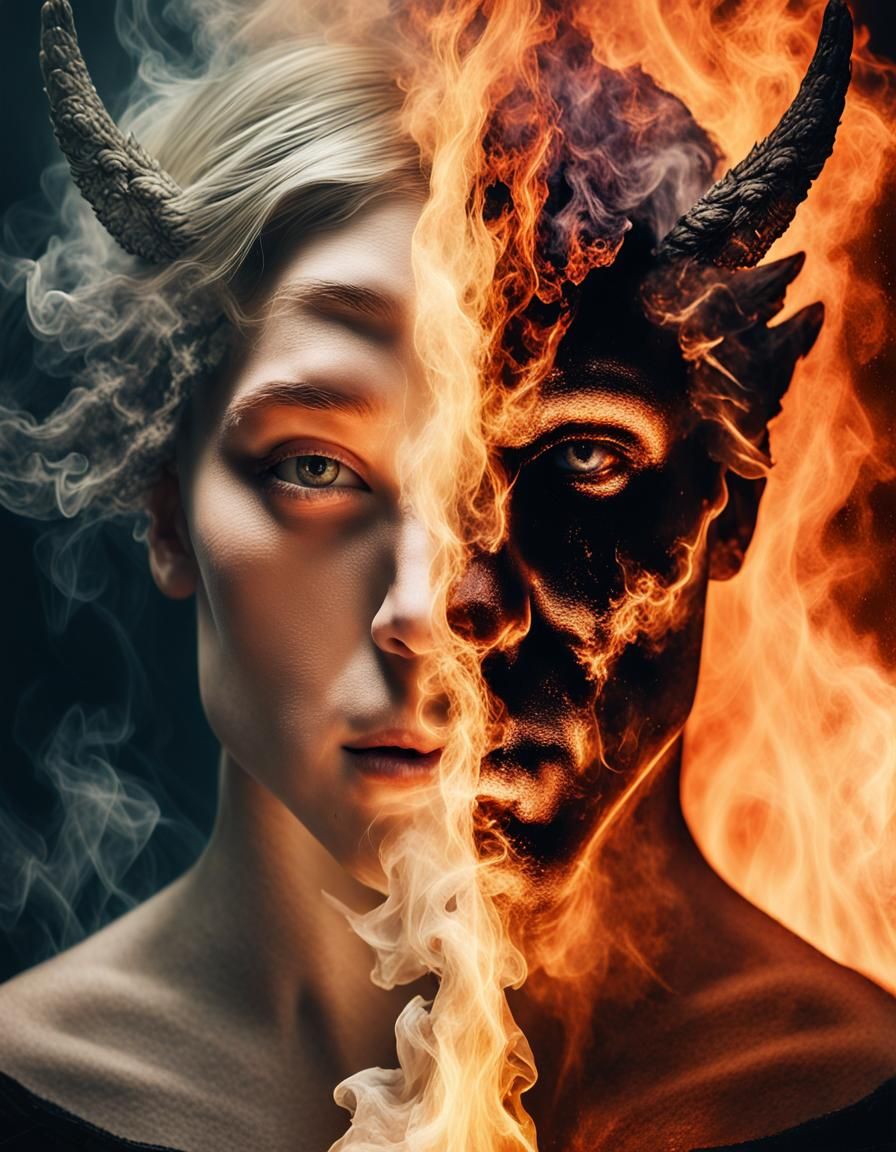 Fire Demon and Angel Split Double Exposure