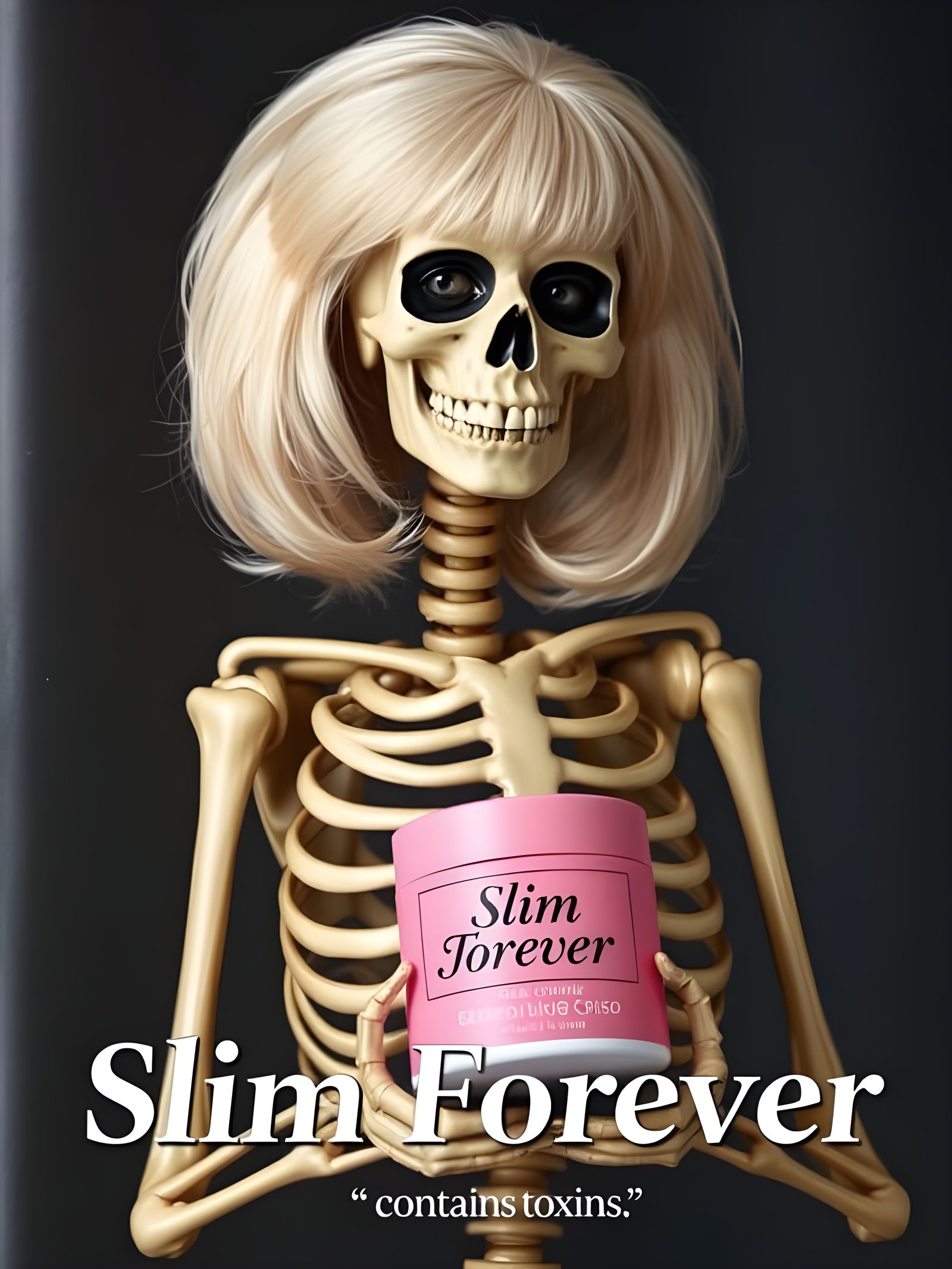 Skeleton in Blonde Wig Promotes Glamorous Slimming Cream