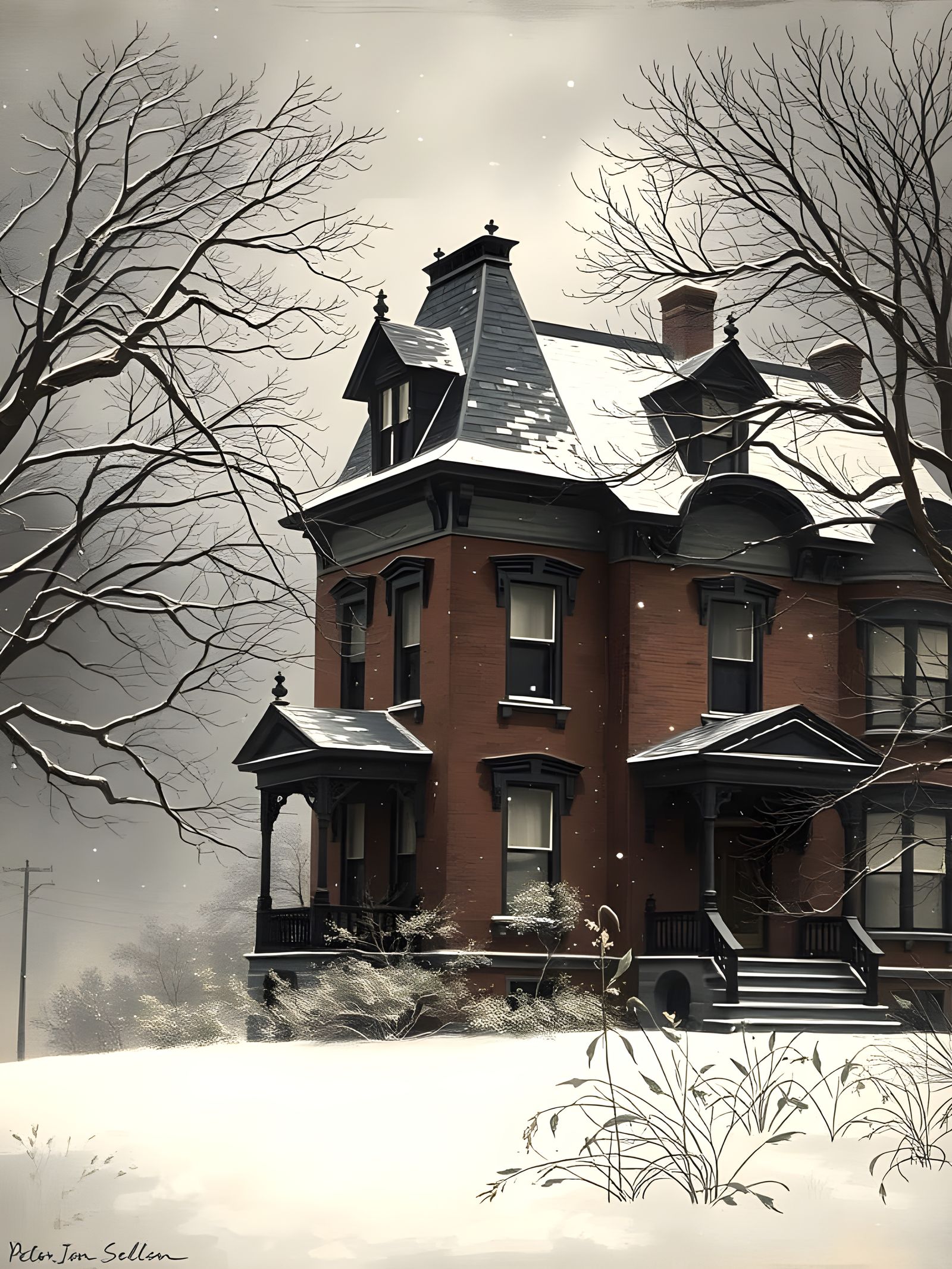Gothic Victorian Mansion in Snowy Twilight