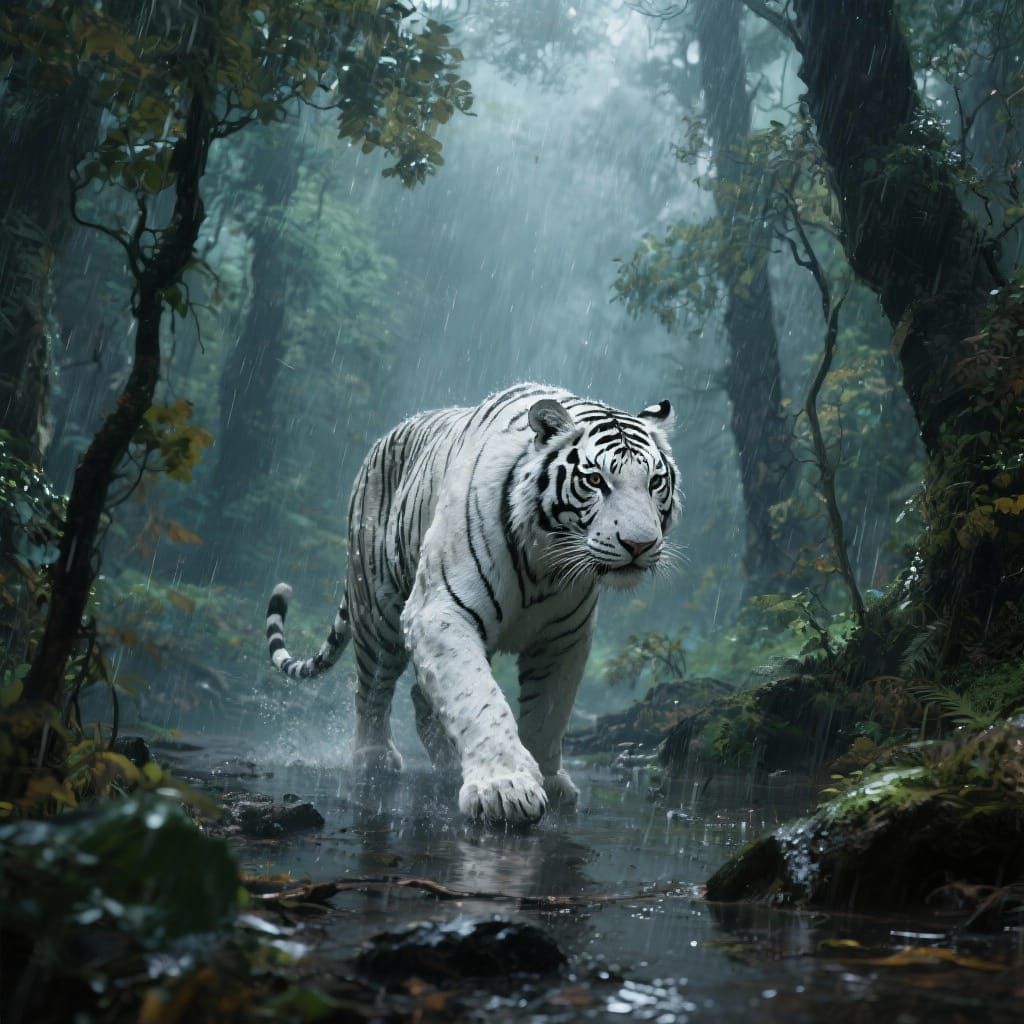 White Bengal Tiger in Wet Forest During Rain