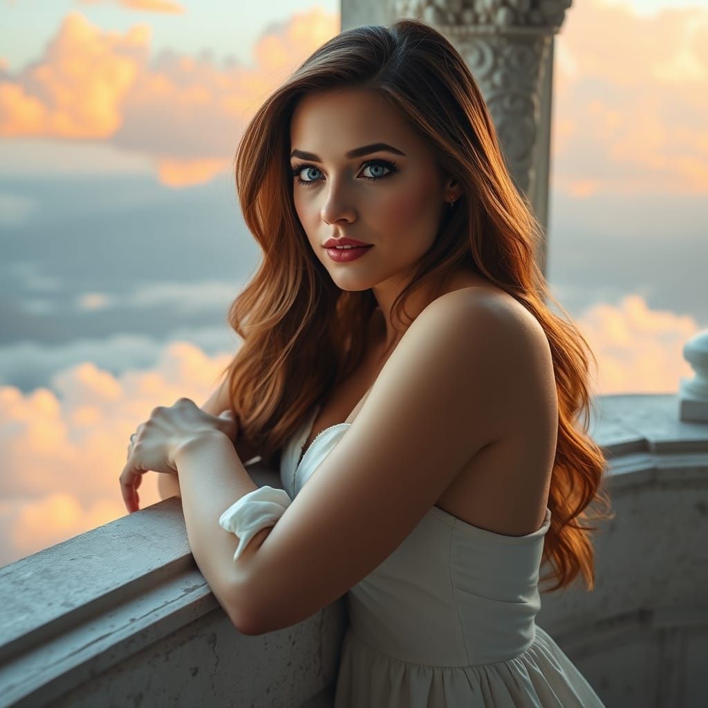 Dreamy Woman in Castle Gazing at Ethereal Sky