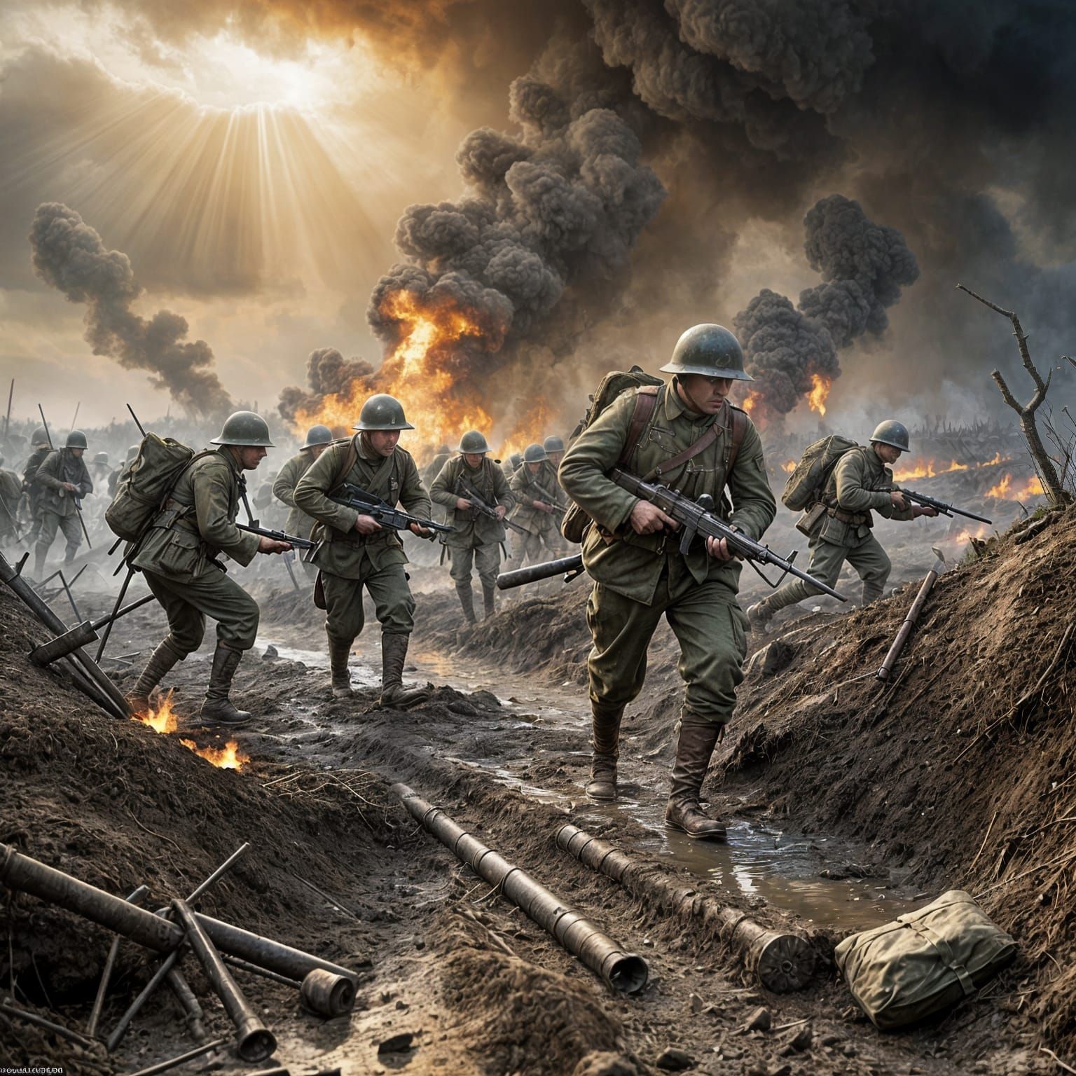 WWI Trench Warfare: Dramatic Oil Painting