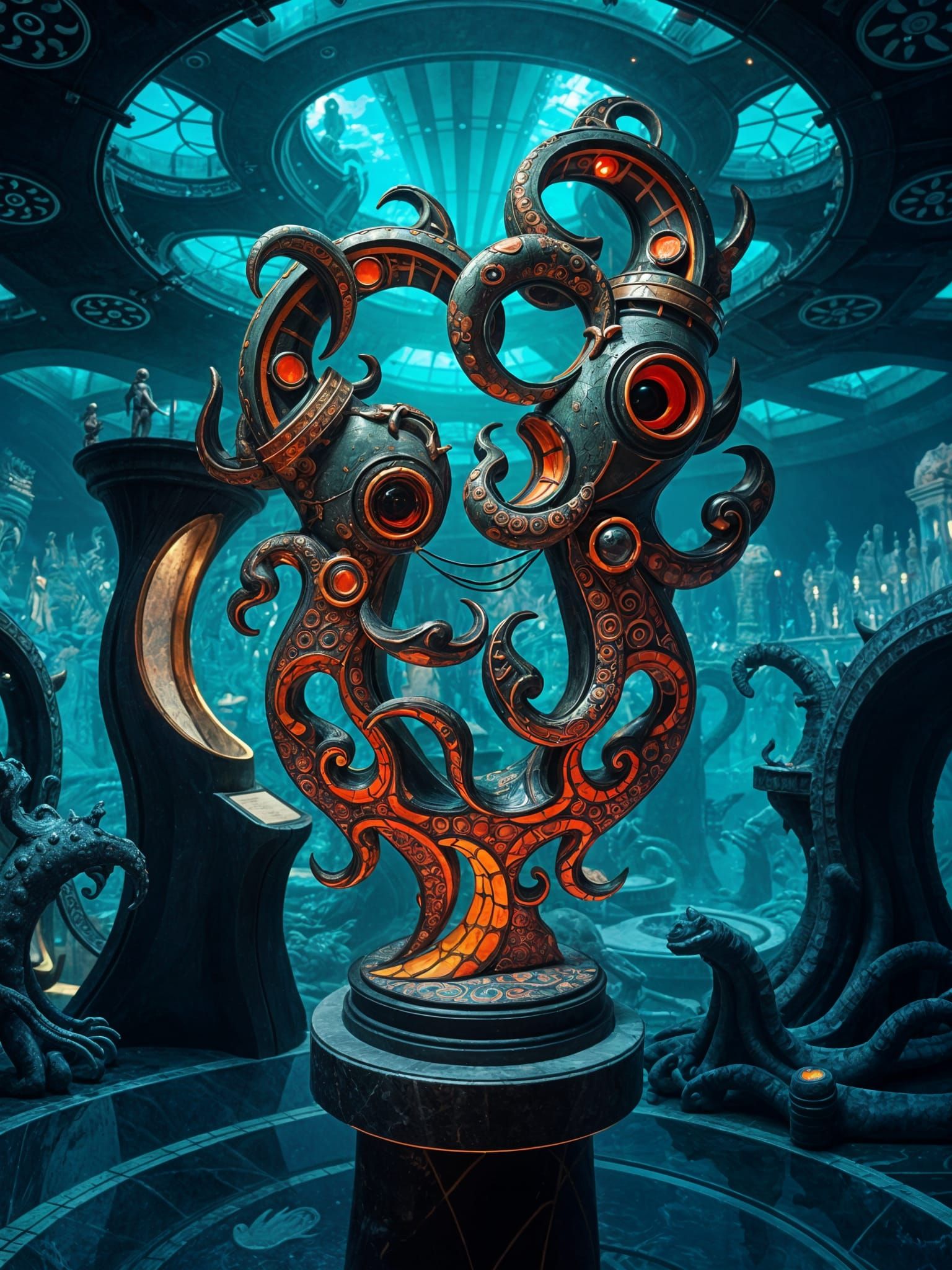 Eldritch Art Deco Sculpture in R'lyeh's Underwater Museum