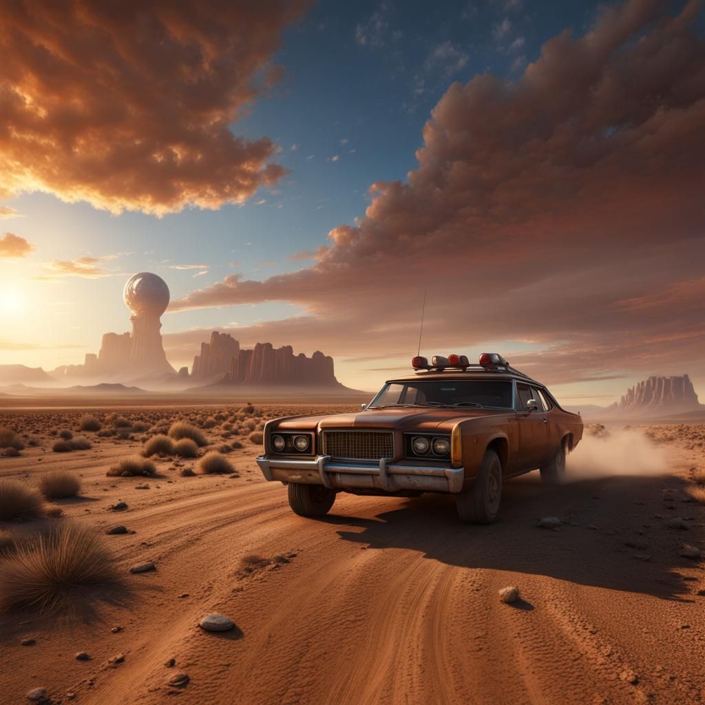 Desert Road Under Apocalyptic Sky in Photorealistic Style