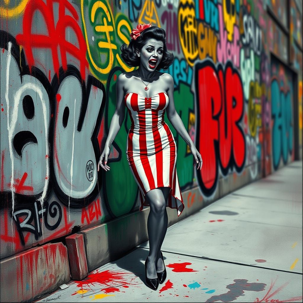 Gritty Zombie Pinup Girl in Cyberpunk Street Art