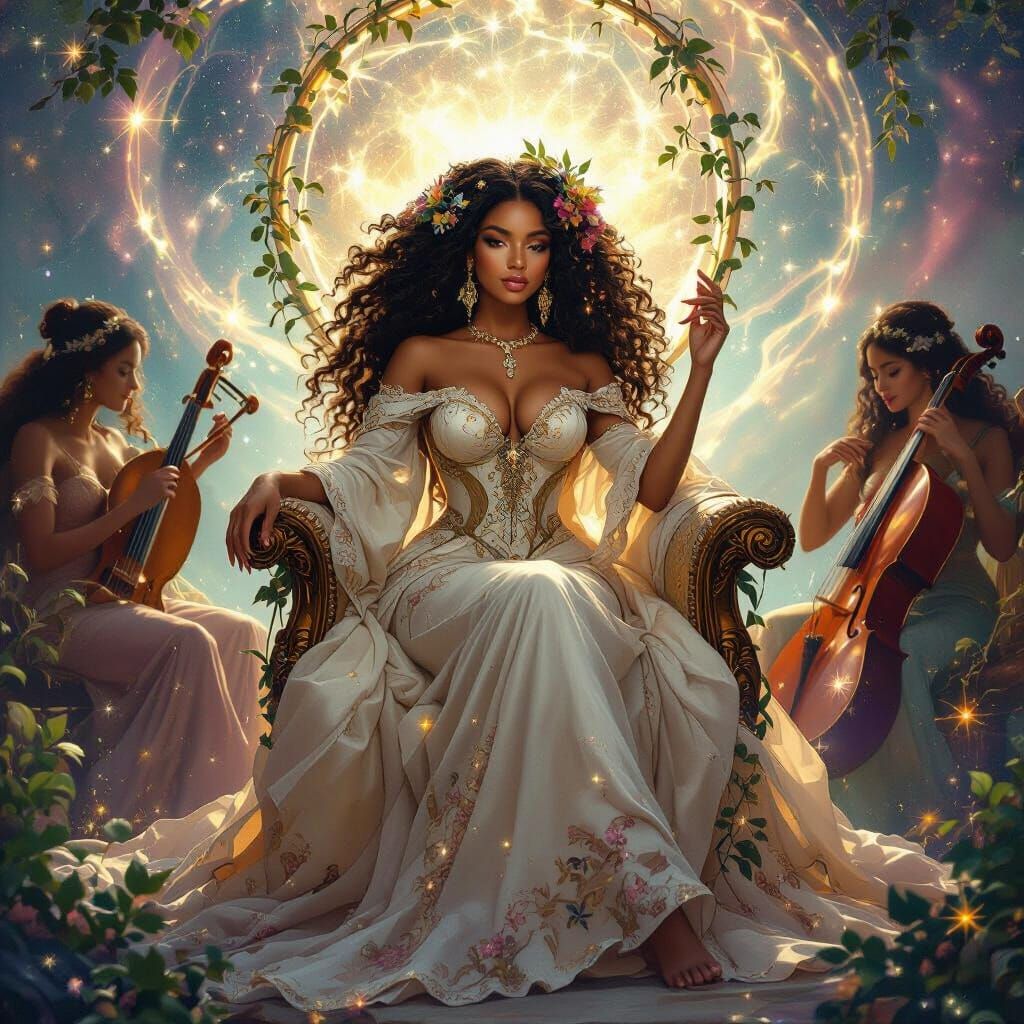 Afro-Latina Goddess on Star Throne in Pre-Raphaelite Style
