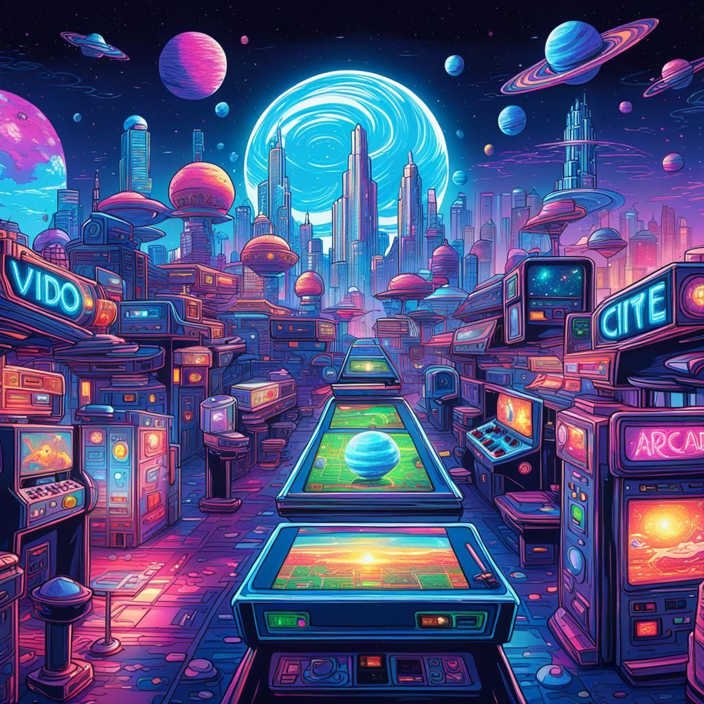 Astral Arcade City in Holographic Style