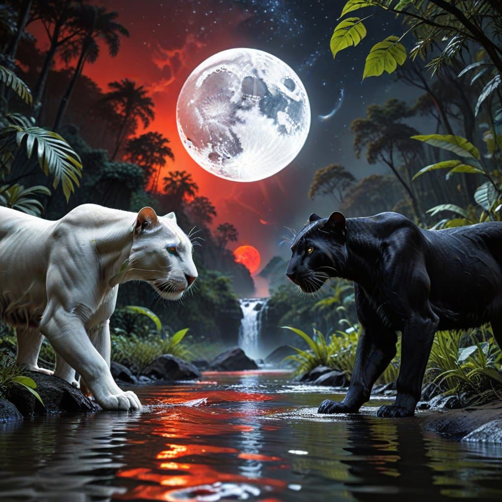 Fused Black and White Panther Under Red Moon