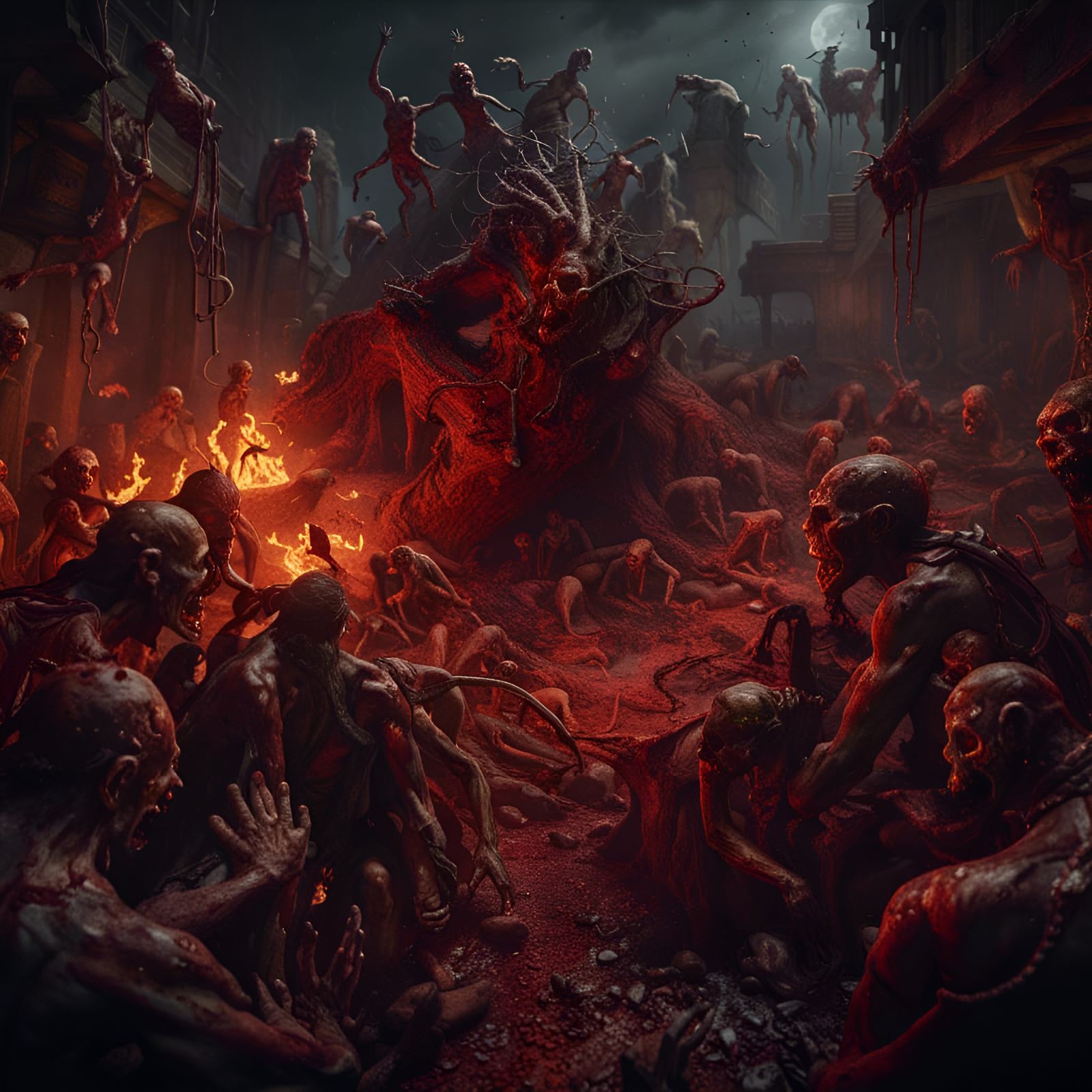 Demons Torturing Zombies in Hell: Detailed Matte Painting