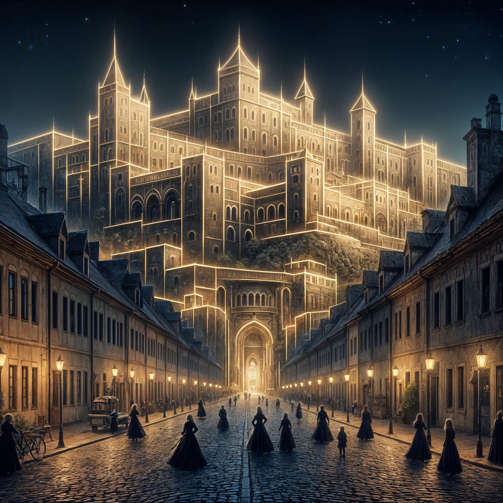 Illuminated Castle in Historic European City