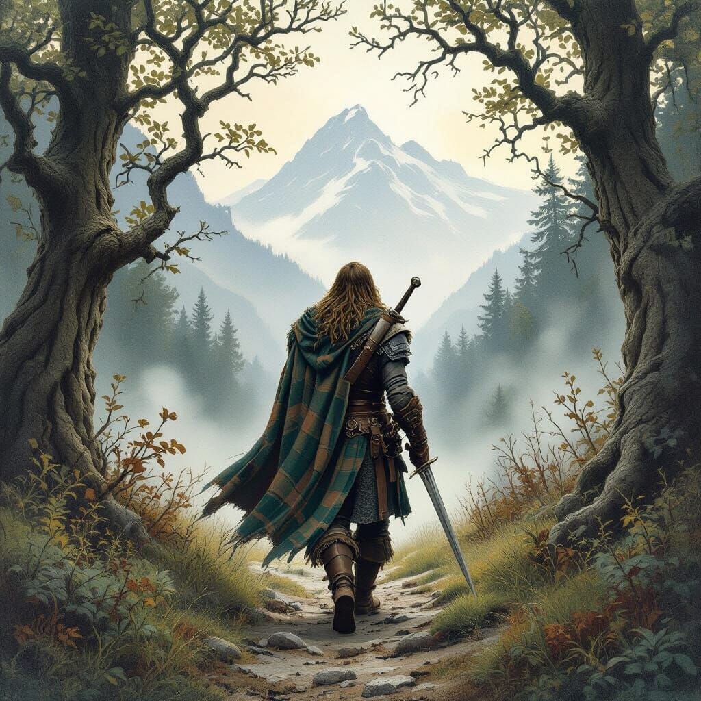 Celtic Warrior Walks Towards Misty Mountains