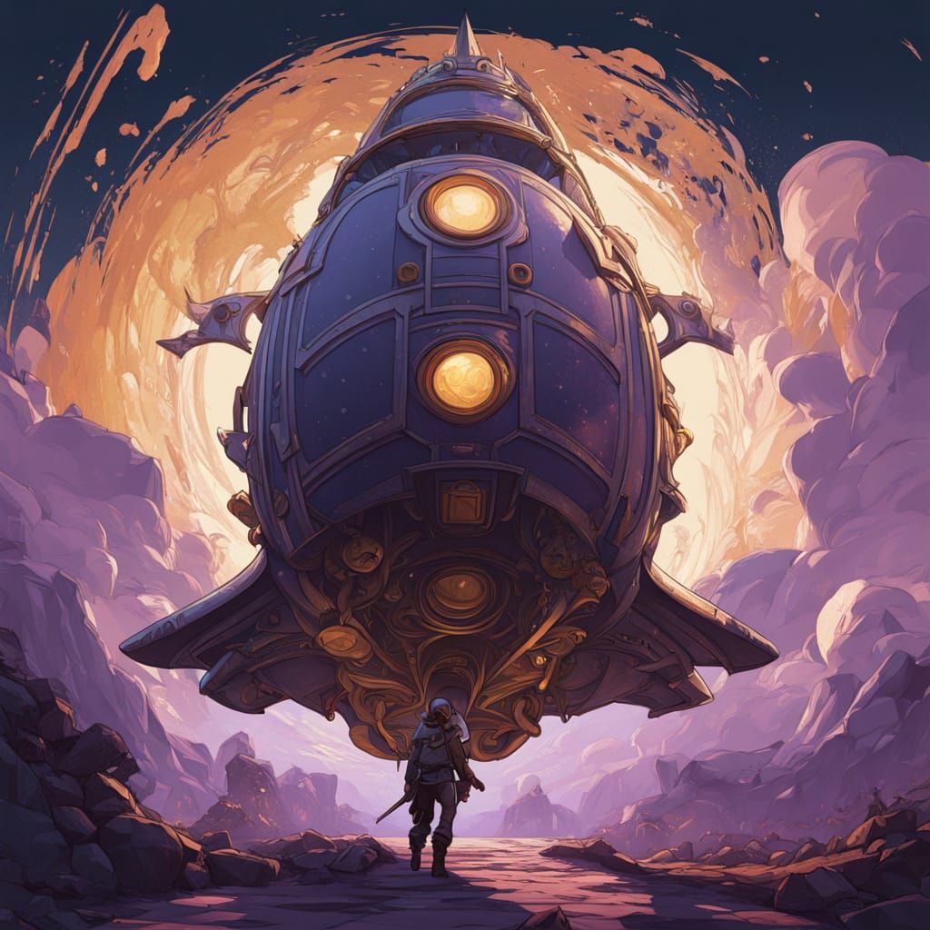 1950s style sci-fi rocket ship traveling through a multi-col...