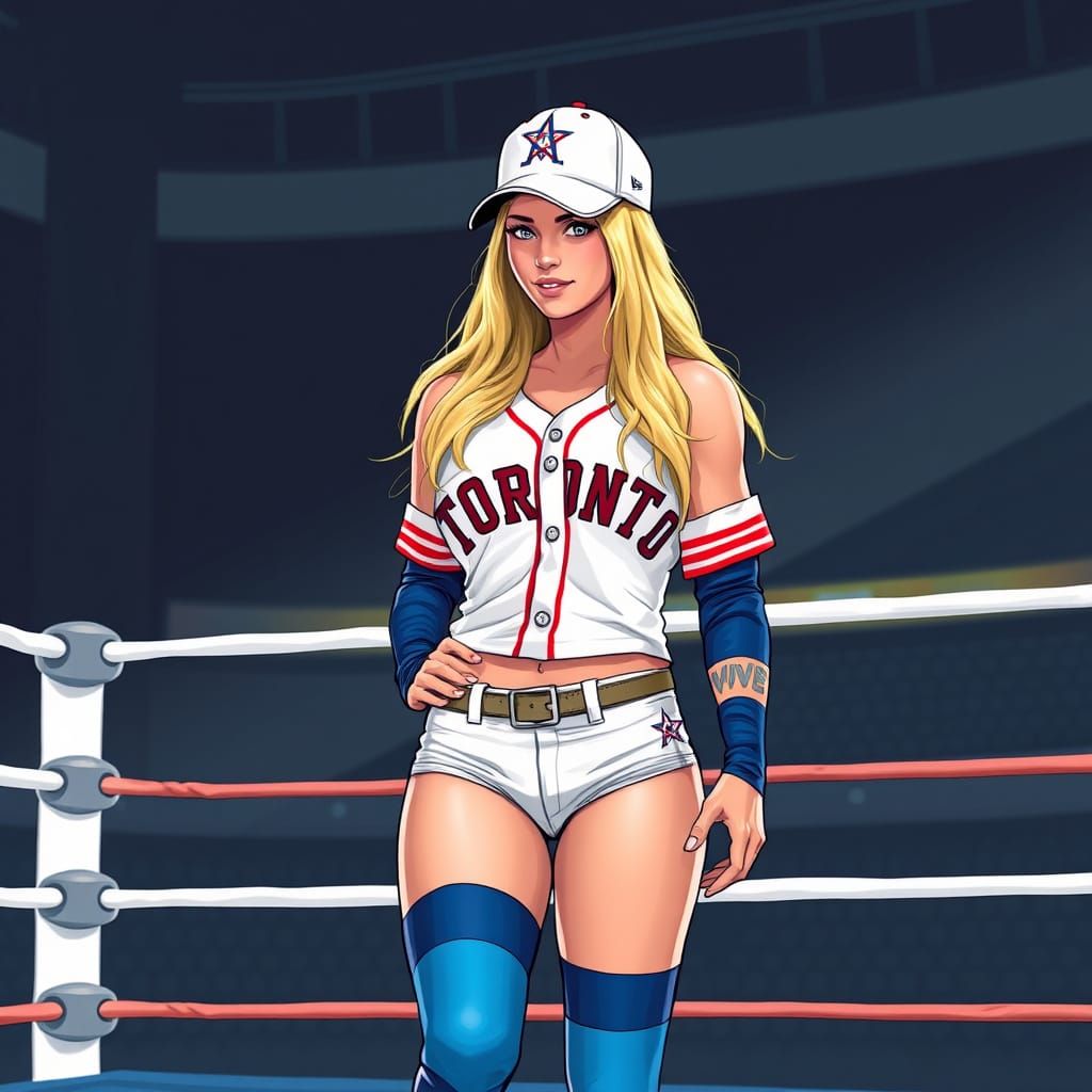 Female Wrestler in Toronto Baseball Jersey and Wrestling Rin...