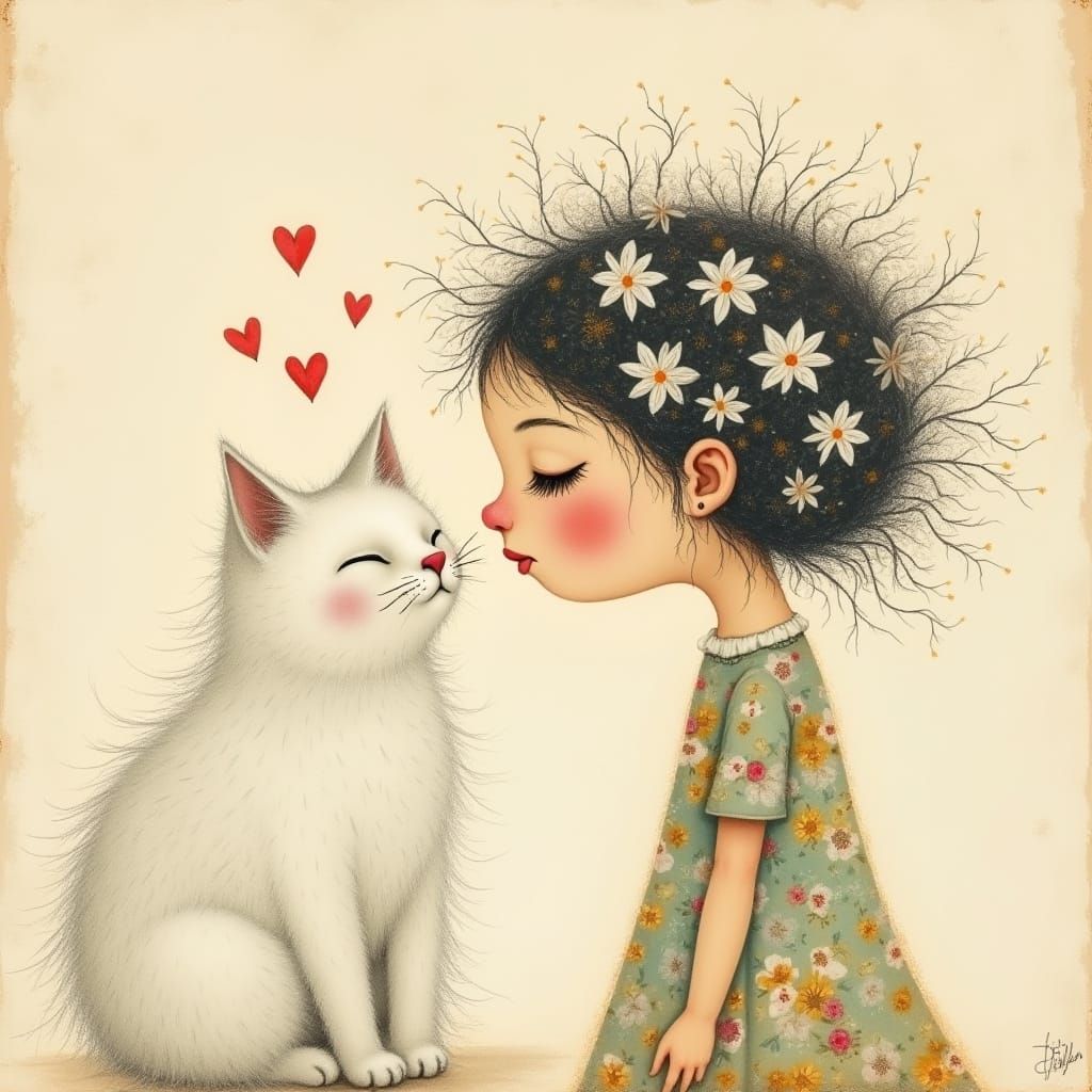 Naive Art Girl with Cat and Flowers, Vintage Pastel Style