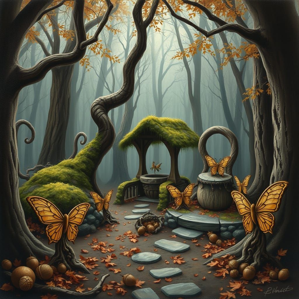 Autumn Forest Bridge and Wishing Well with Butterfly Carving...