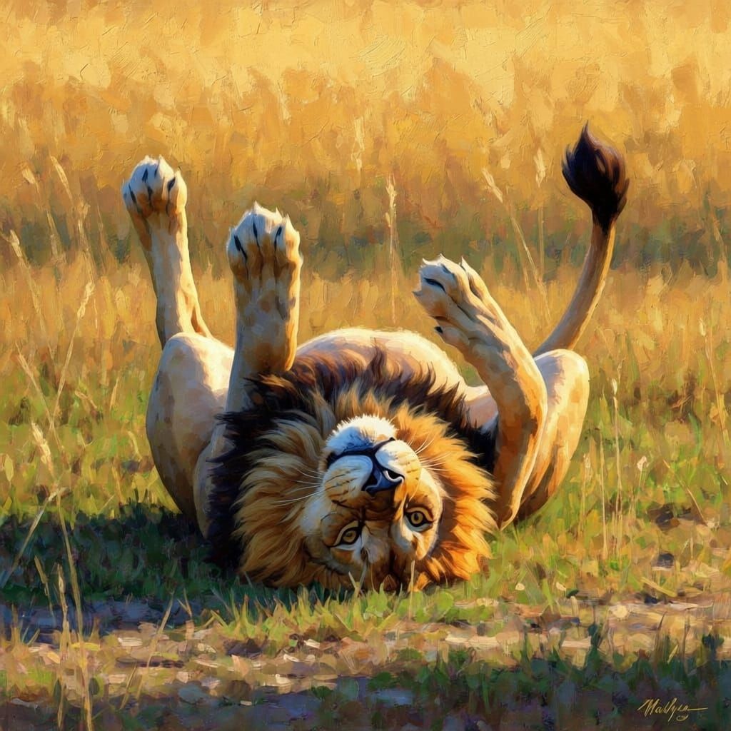 Playful Lion Rolls in Catnip on Savannah