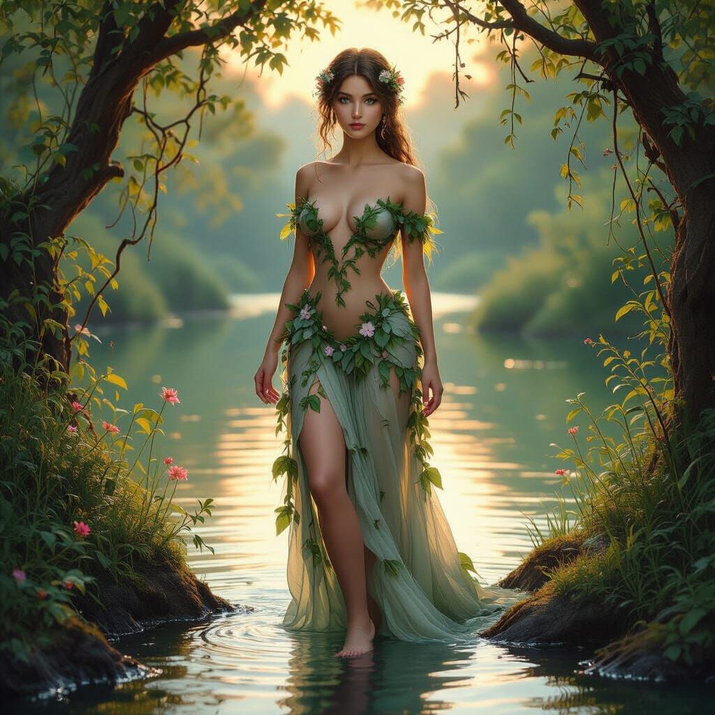 Ethereal Nymph in Enchanted Woods at Dusk