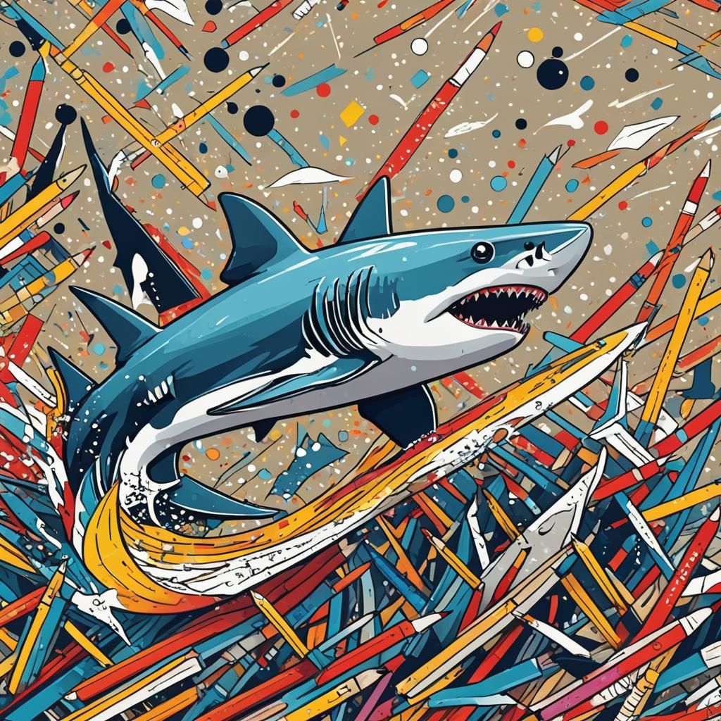 Shark Surfing Pencil Wave in Lichtenstein Style