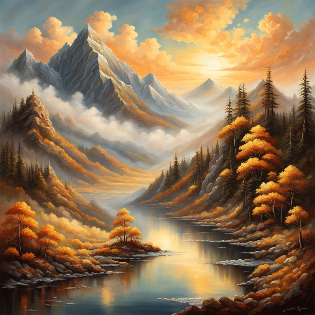 Majestic Oil Painting of Mountains and Fractal Clouds