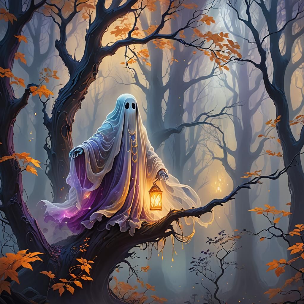 Cute Ghost in Misty Forest: Digital Fantasy Art