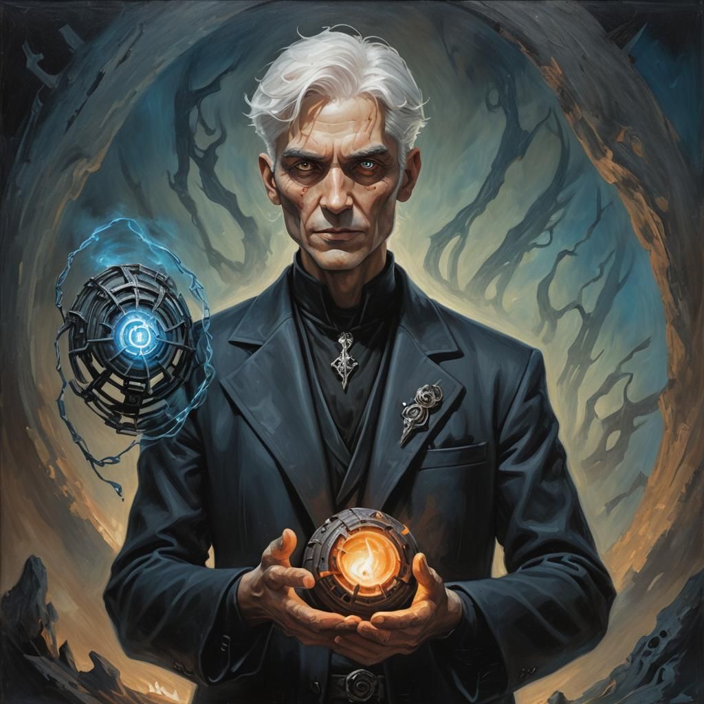 Occultist Holding Cursed Object in Dark Fantasy Style