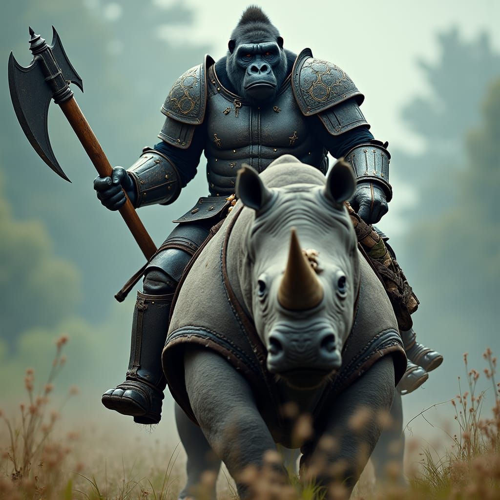 Armored Gorilla Rides Rhino with Battle-Axe