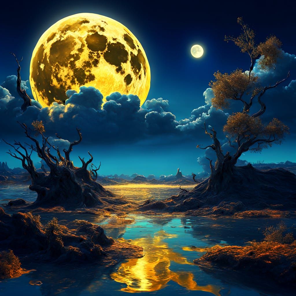Surreal Moon in Dark Blue Sky, Dali Style