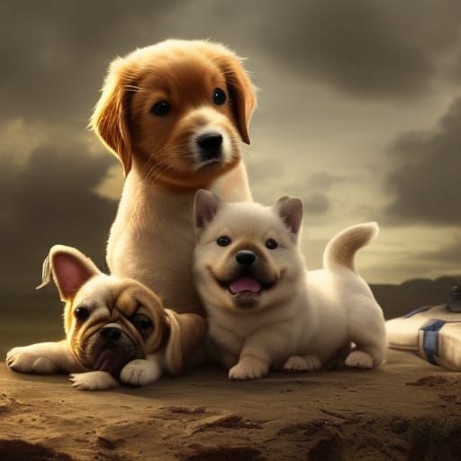 Cute Puppies in Detailed Digital Matte Painting