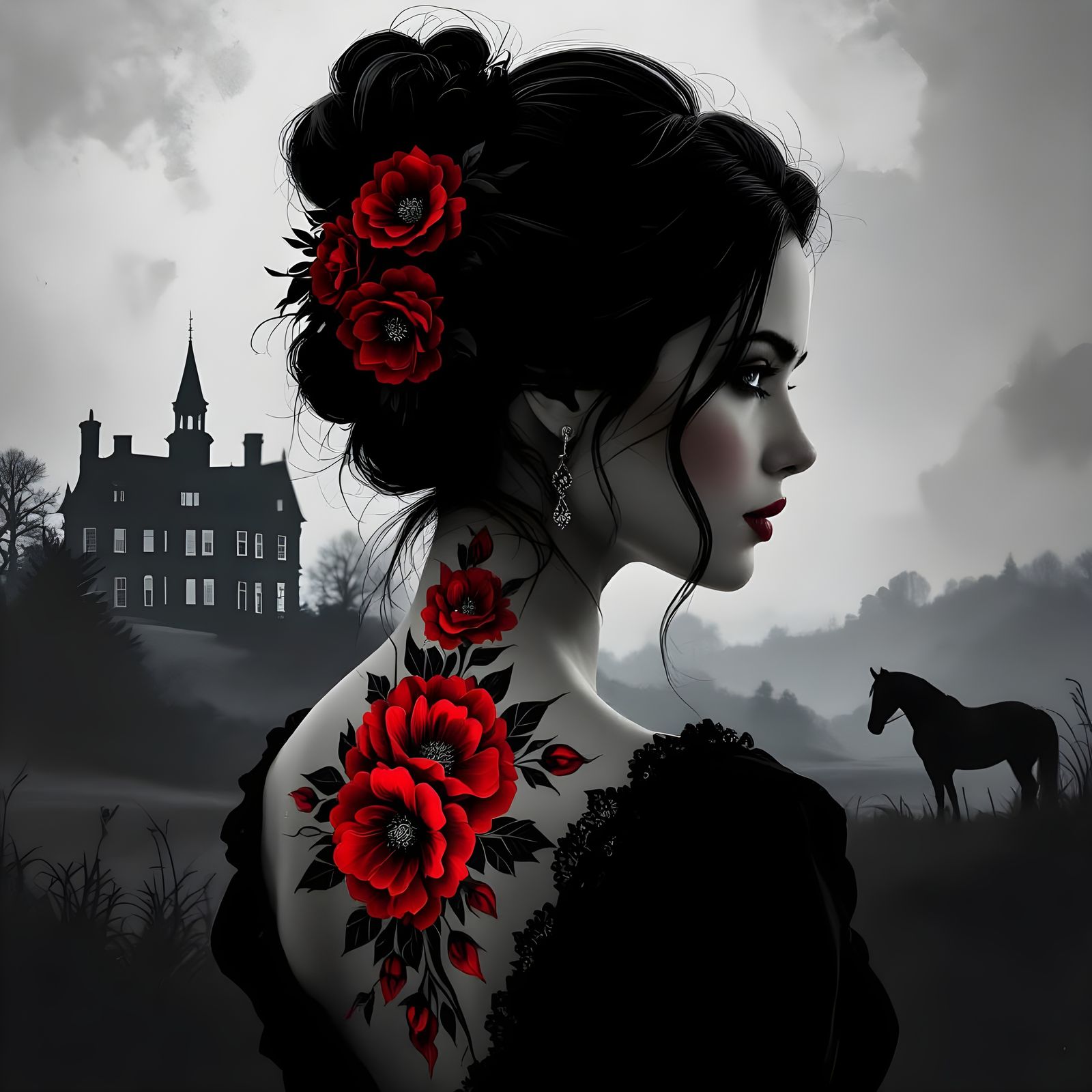 Monochrome Silhouette of Woman with Red Flowers and Thornfie...