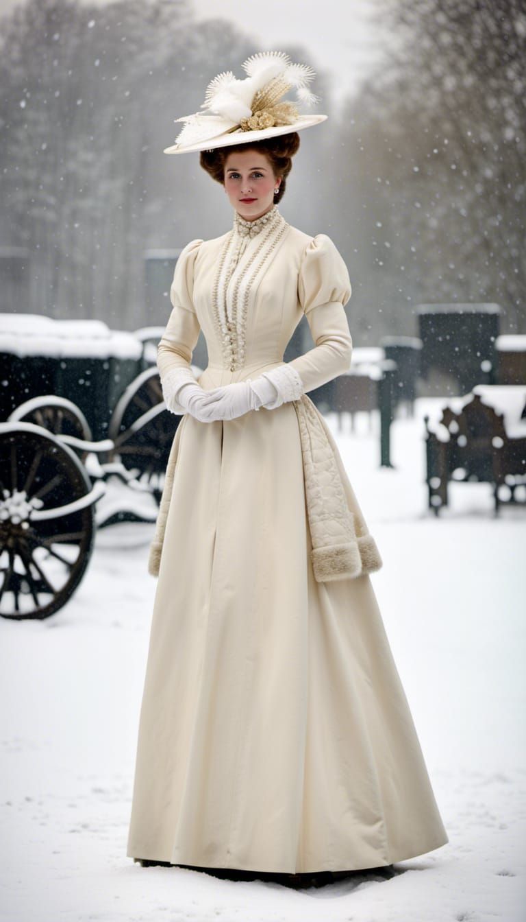 Victorian Woman in White Standing in London Snow