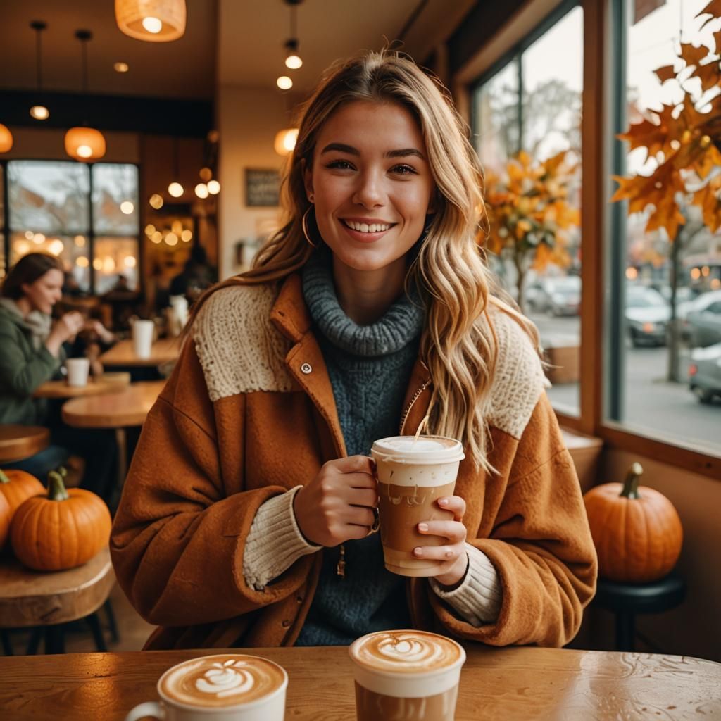 Rebekah Enjoys Latte in Cozy Coffee Shop