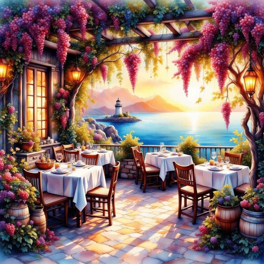 Romantic Greek Terrace at Sunset in Watercolor Style