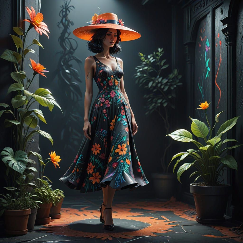 Enchanting Whimsy: Tall Woman in Vibrant Floral Chalk Art