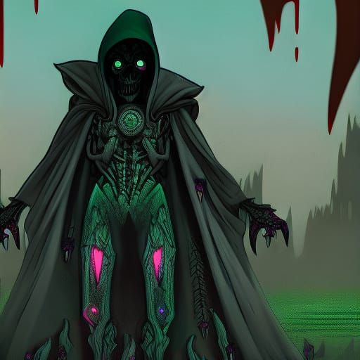 Cartoon Necromancer with Skeletal Minions in Gothic Landscap...