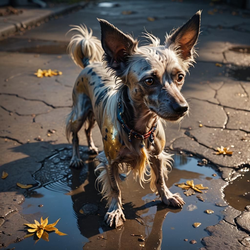 Sorrowful Chinese Crested Dog in Fantasy Setting