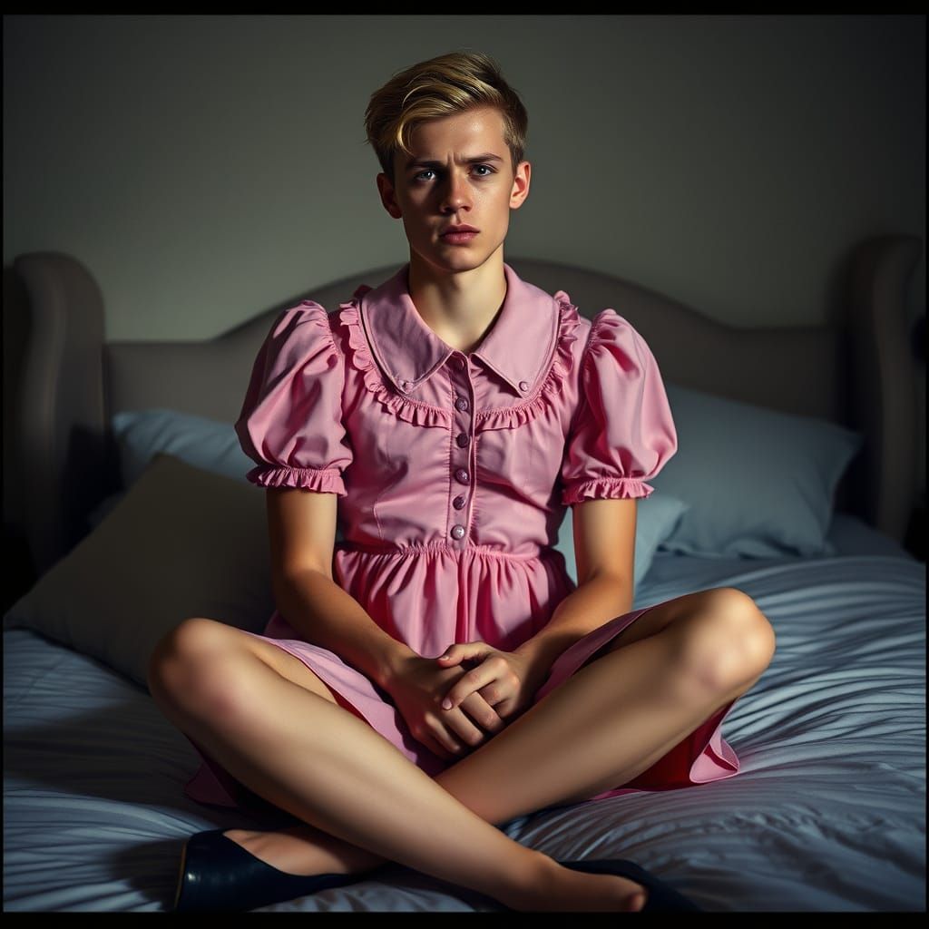 Young Man's Anxious Moment in Feminine Attire